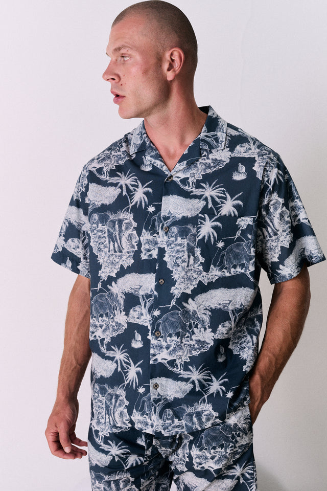Men’s Cuban Pyjama Shirt Loxodonta Print Navy
