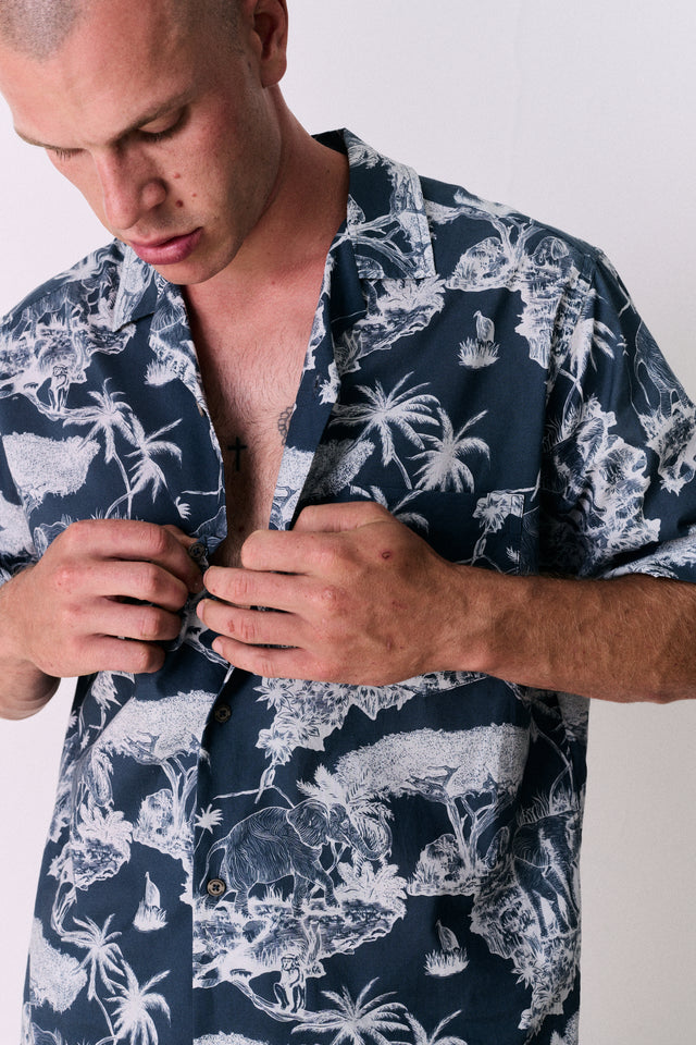 Men’s Cuban Pyjama Shirt Loxodonta Print Navy