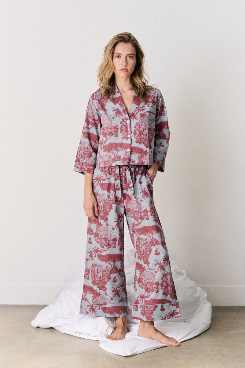 Boxy Shirt and Wide Leg Trouser Set Loxodonta Print Chambray/Red