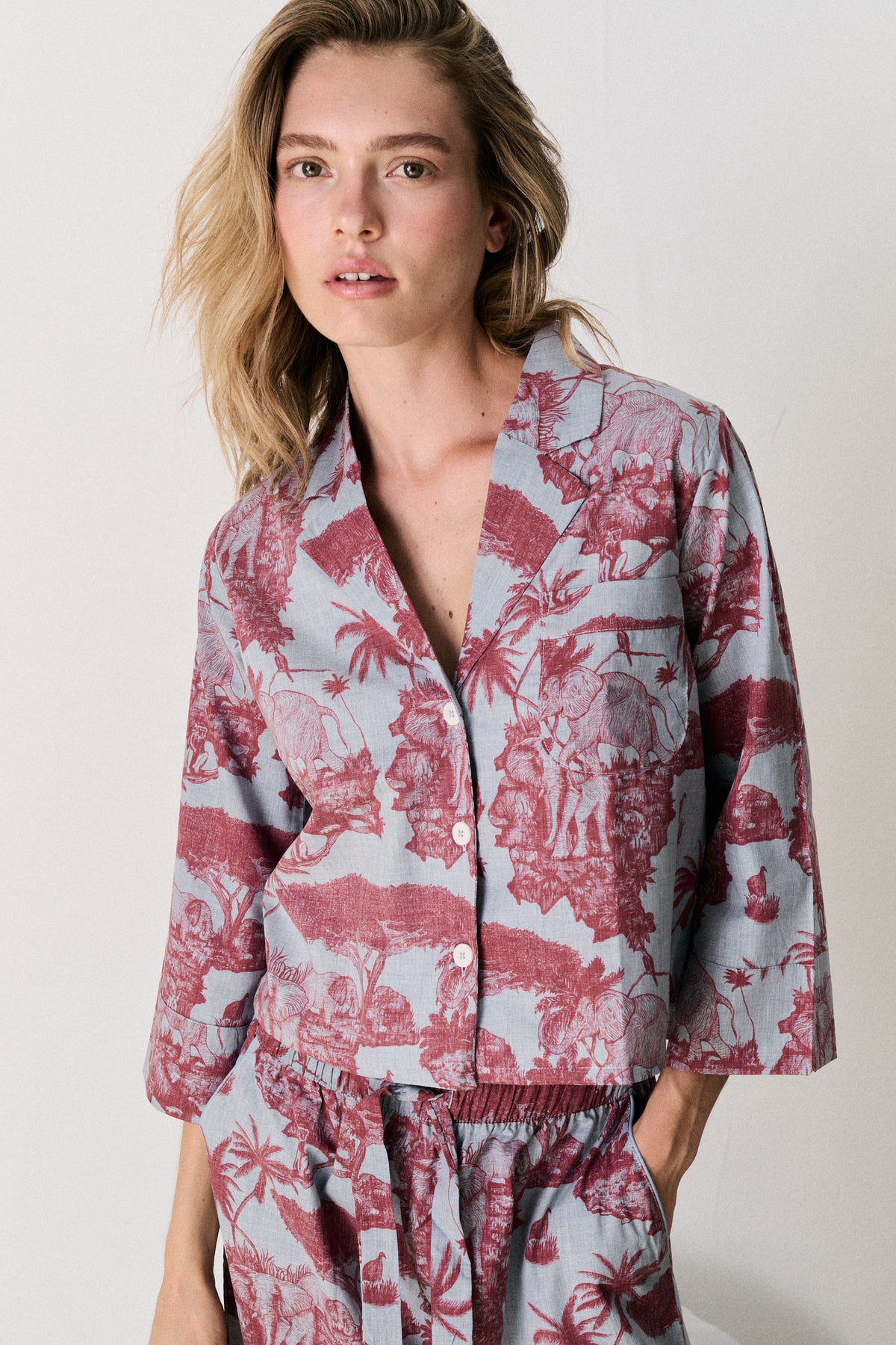 Boxy Shirt and Wide Leg Trouser Set Loxodonta Print Chambray/Red