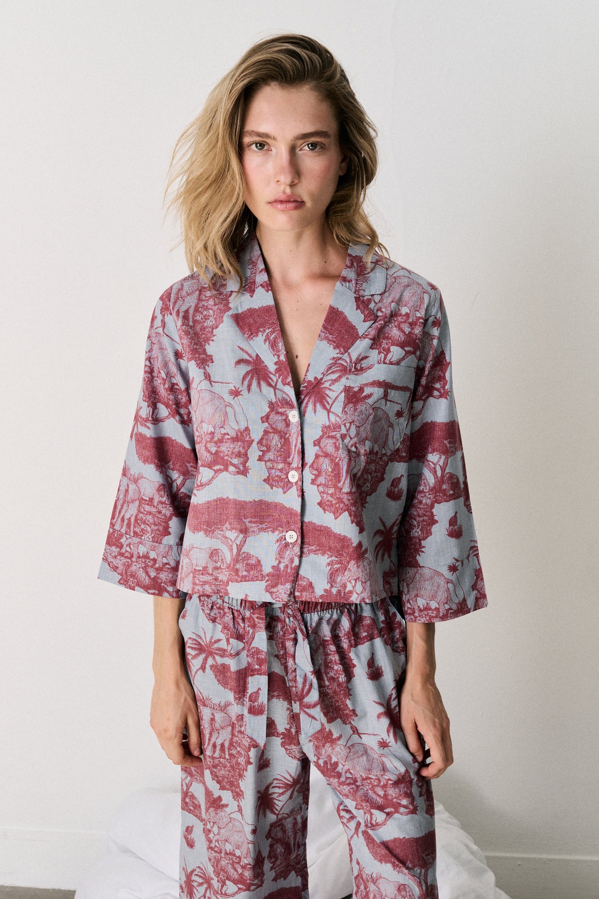 Boxy Shirt and Wide Leg Trouser Set Loxodonta Print Chambray/Red