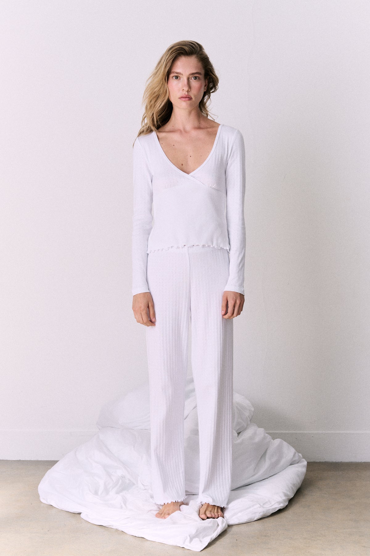 Pointelle Long Sleeve Top & Trouser Set White