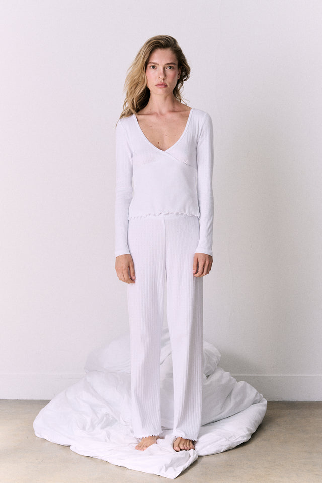 Pointelle Long Sleeve Top & Trouser Set White