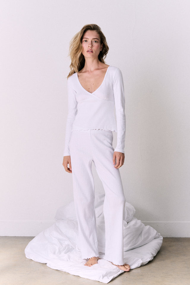 Pointelle Long Sleeve Top & Trouser Set White