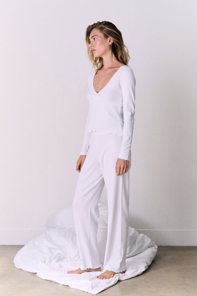 Pointelle Long Sleeve Top & Trouser Set White