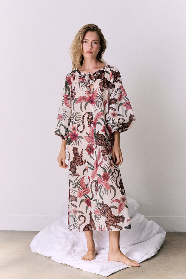 Blouson Sleeve Kaftan Soleia Leopard Print Cream