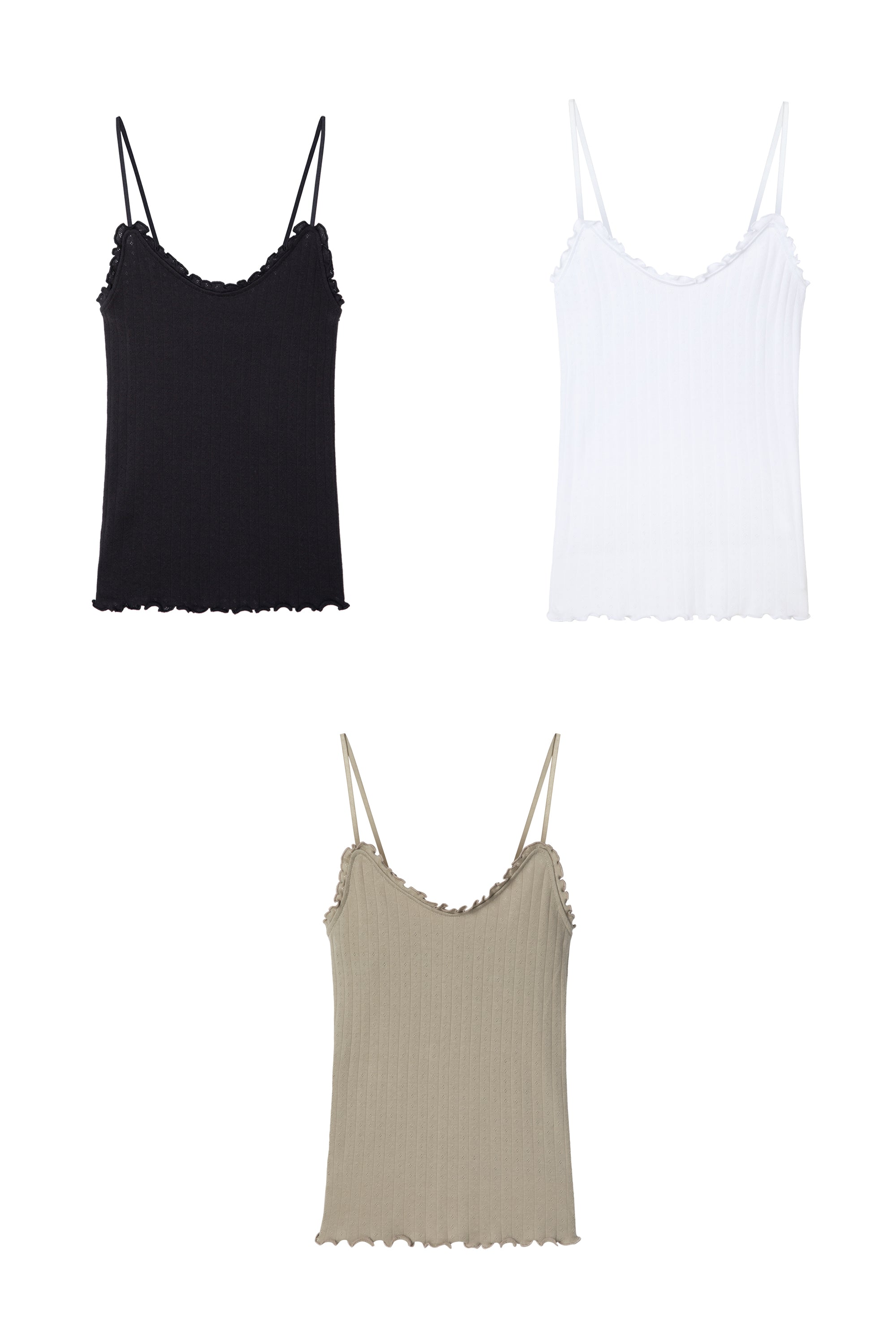 Pointelle Soft V Tank Top Set Three White Black Khaki
