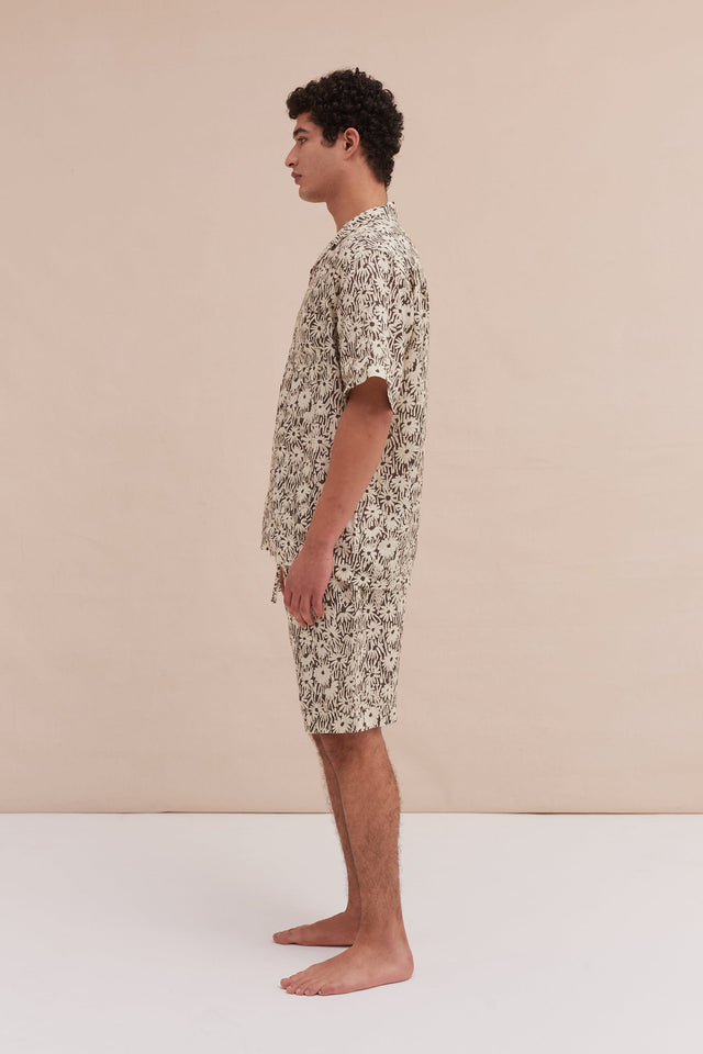 Men’s Cuban Pyjama Set Chamomile Print Brown/Cream Linen