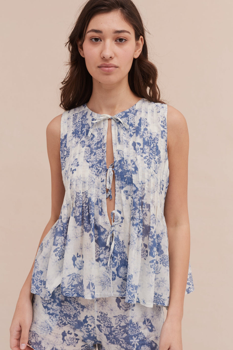 Pleated Cami Top and Shorts Set Flowers Of Time Print Blue