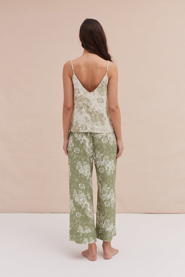 Cami & Wide Leg Set Flowers Of Time Print Sage/Green Linen