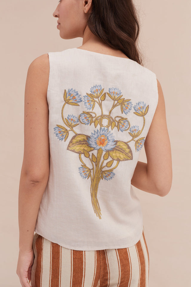 Vest Top Waterlily Print Linen Oat Embroidery