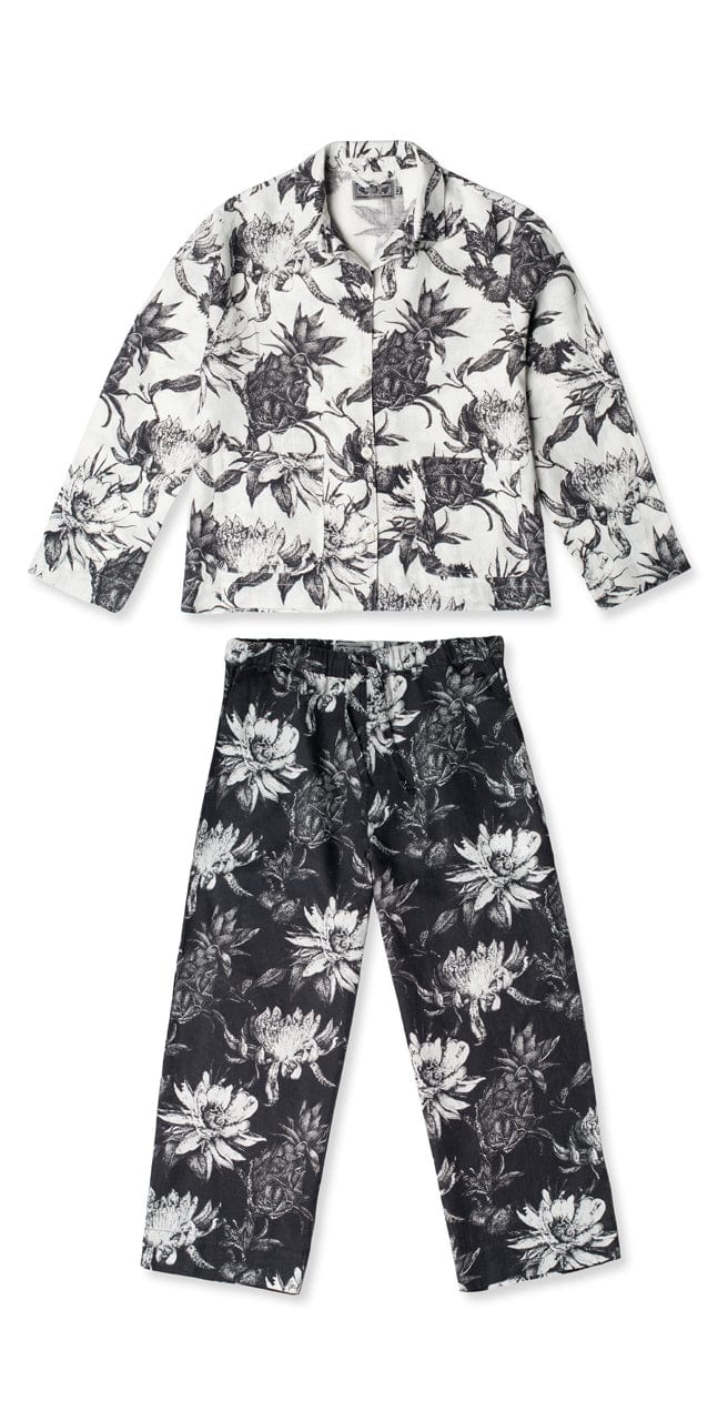 Pocket Pyjama Set Night Bloom Print White/Black Linen