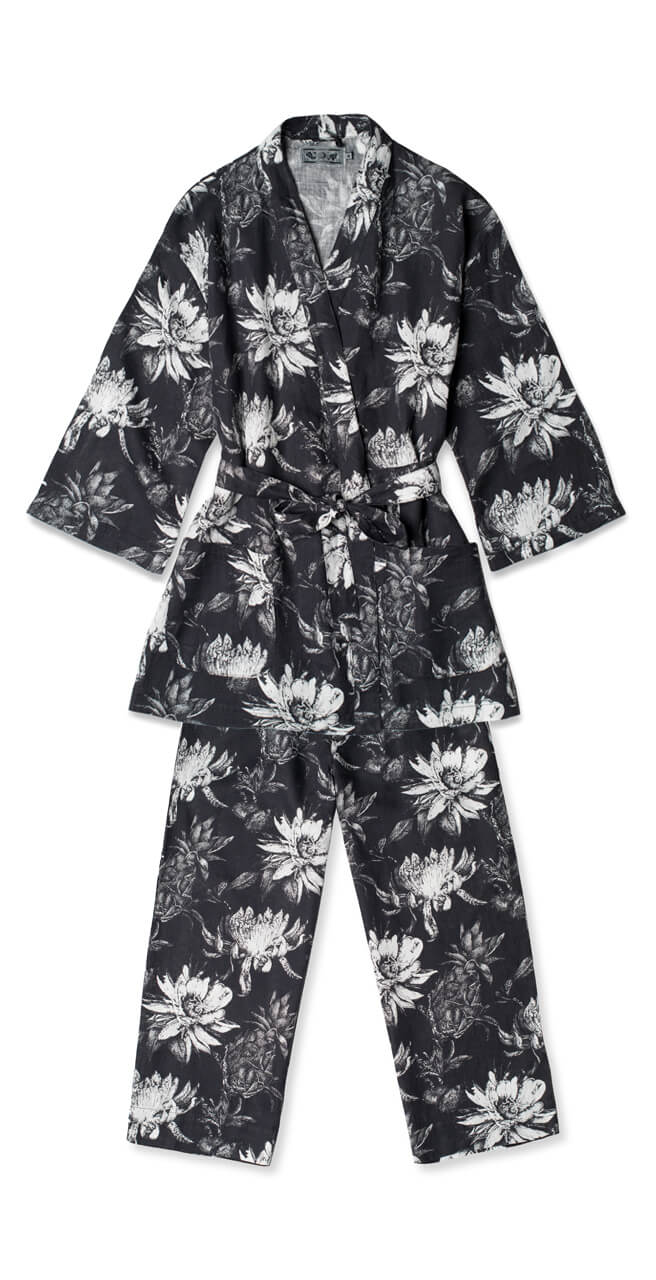 Wrap Set Night Bloom Print Black/White Linen