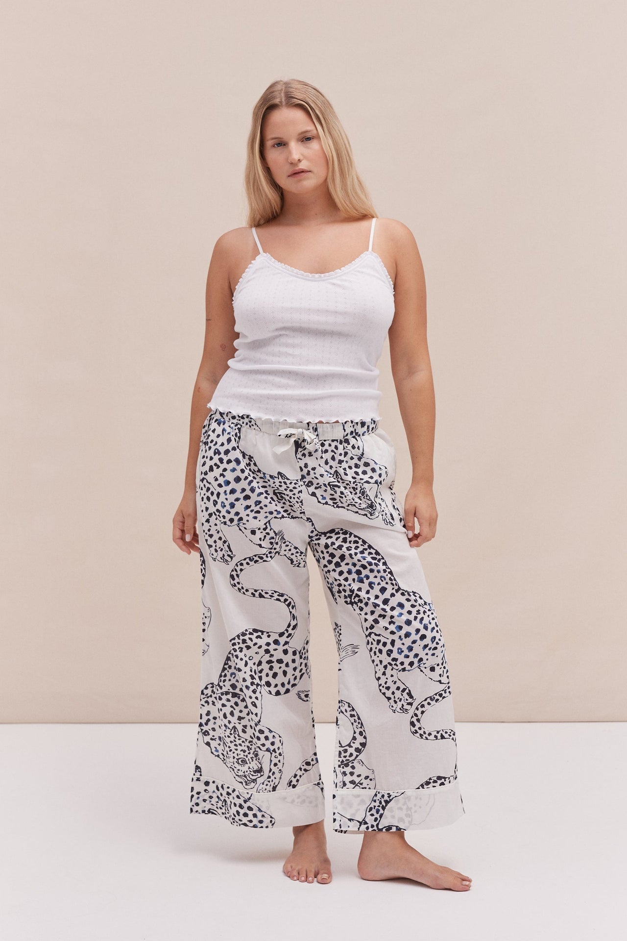 Soft V Tank Top & Wide Leg Trouser Set White/The Jag Print Cream