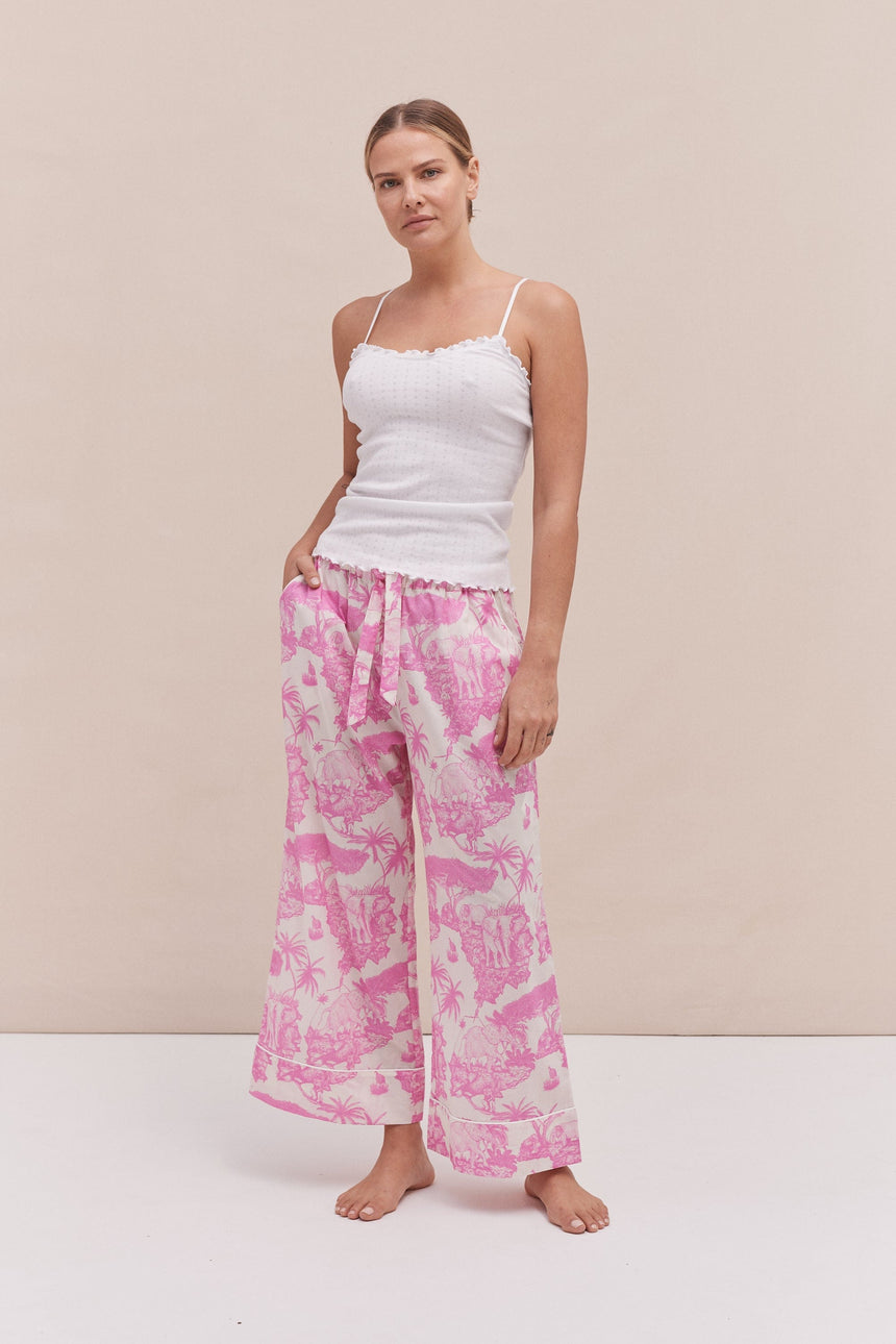 Soft V Tank Top &amp; Wide Leg Trouser Set White/Loxodonta Print Pink