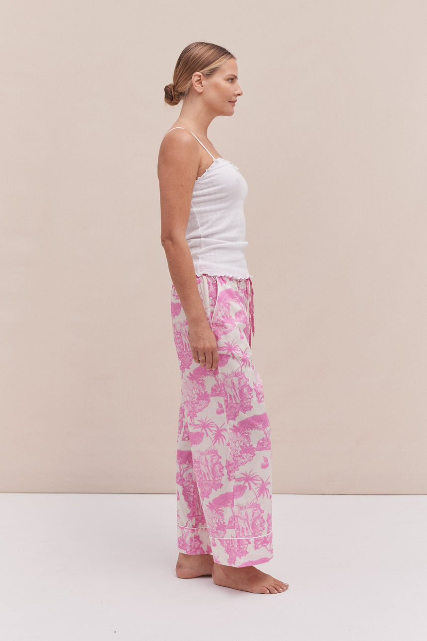Soft V Tank Top &amp; Wide Leg Trouser Set White/Loxodonta Print Pink