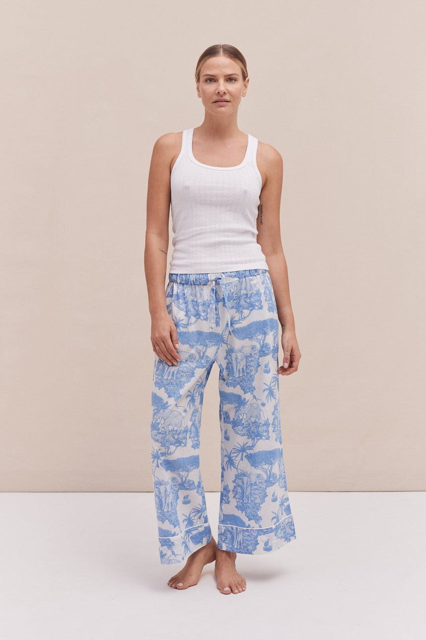 Tank Top &amp; Wide Leg Trouser Set White/Loxodonta Print Blue