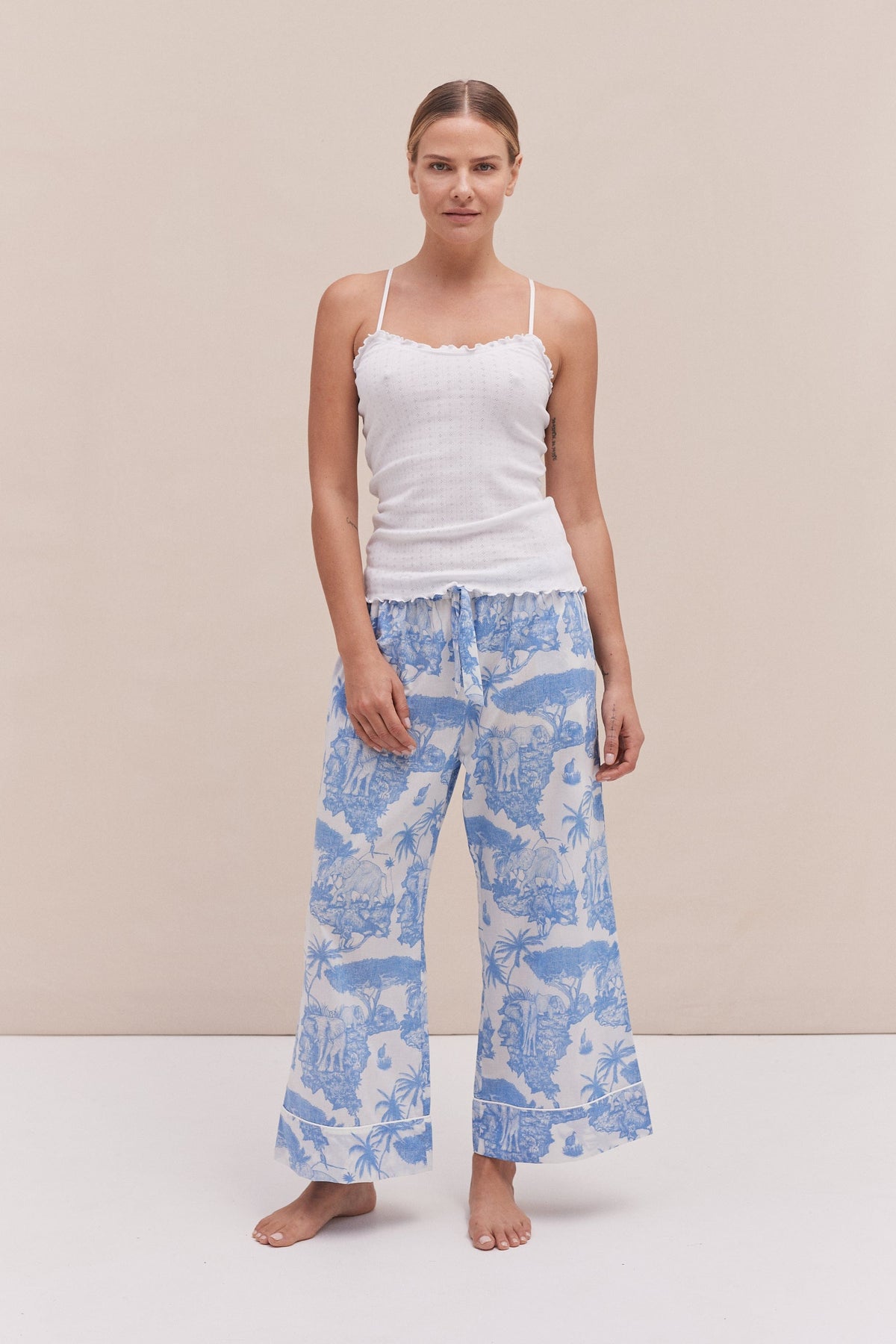 Soft V Tank Top & Wide Leg Trouser Set White Loxodonta Print