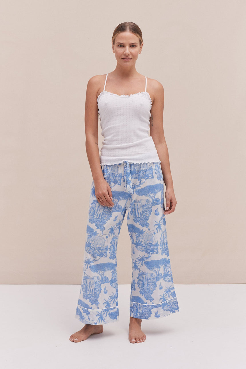 Soft V Tank Top &amp; Wide Leg Trouser Set White/Loxodonta Print Blue