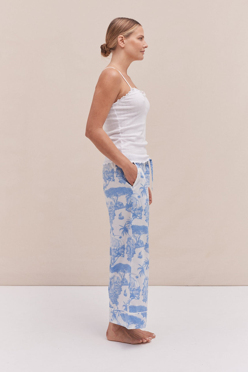 Soft V Tank Top &amp; Wide Leg Trouser Set White/Loxodonta Print Blue