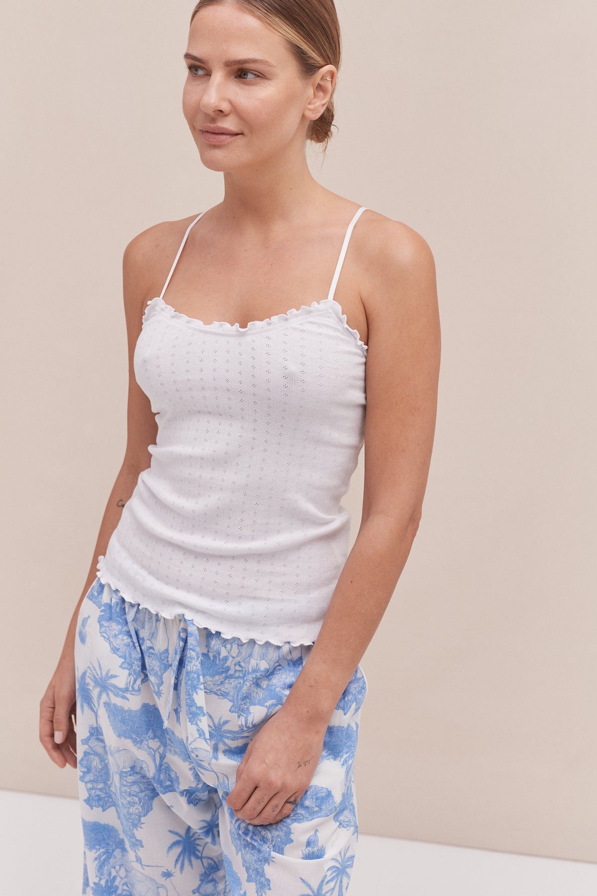 Soft V Tank Top & Wide Leg Trouser Set White/Loxodonta Print Blue