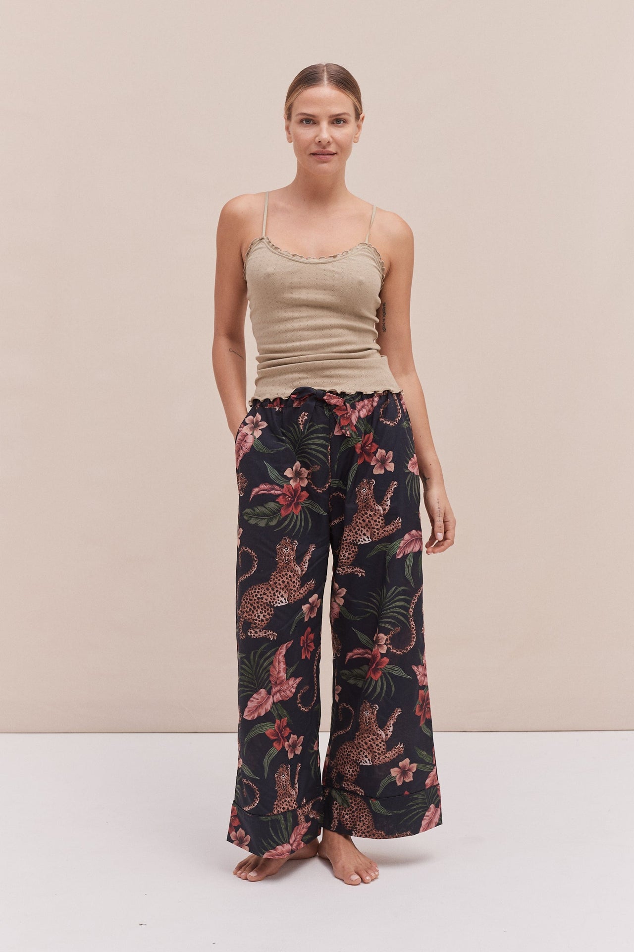 Soft V Tank Top & Wide Leg Trouser Set Khaki/Soleia Print Multi