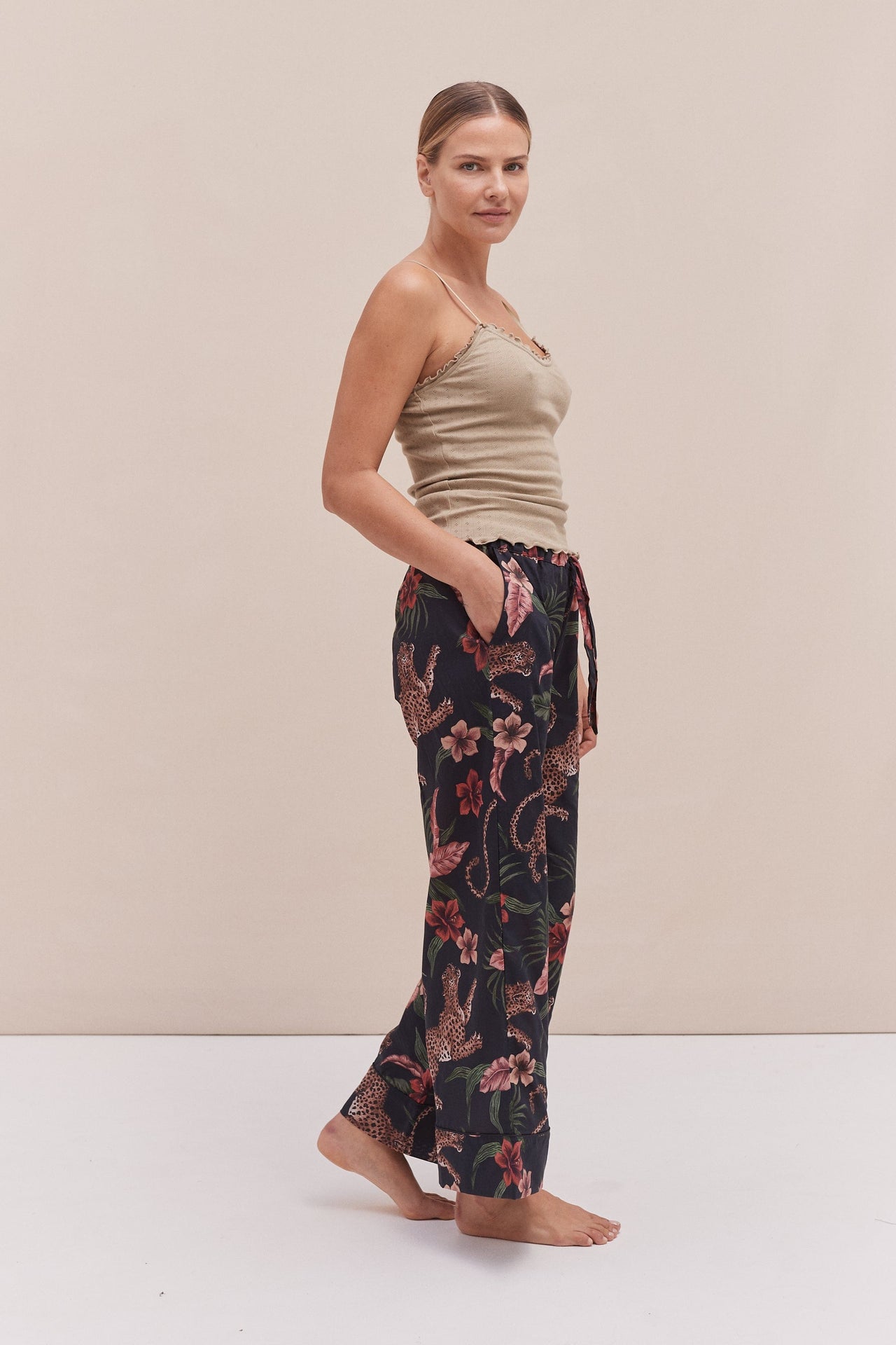 Soft V Tank Top & Wide Leg Trouser Set Khaki/Soleia Print Multi