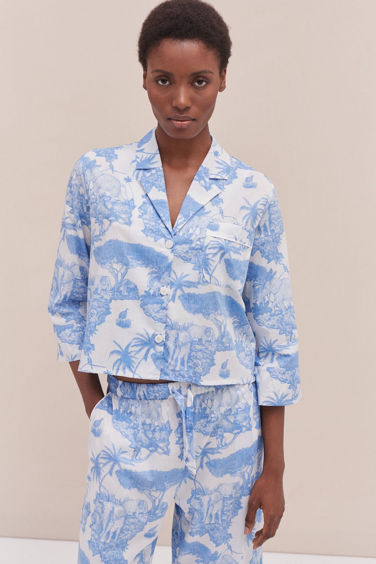 Boxy Shirt and Wide Leg Trouser Set Loxodonta Print Blue