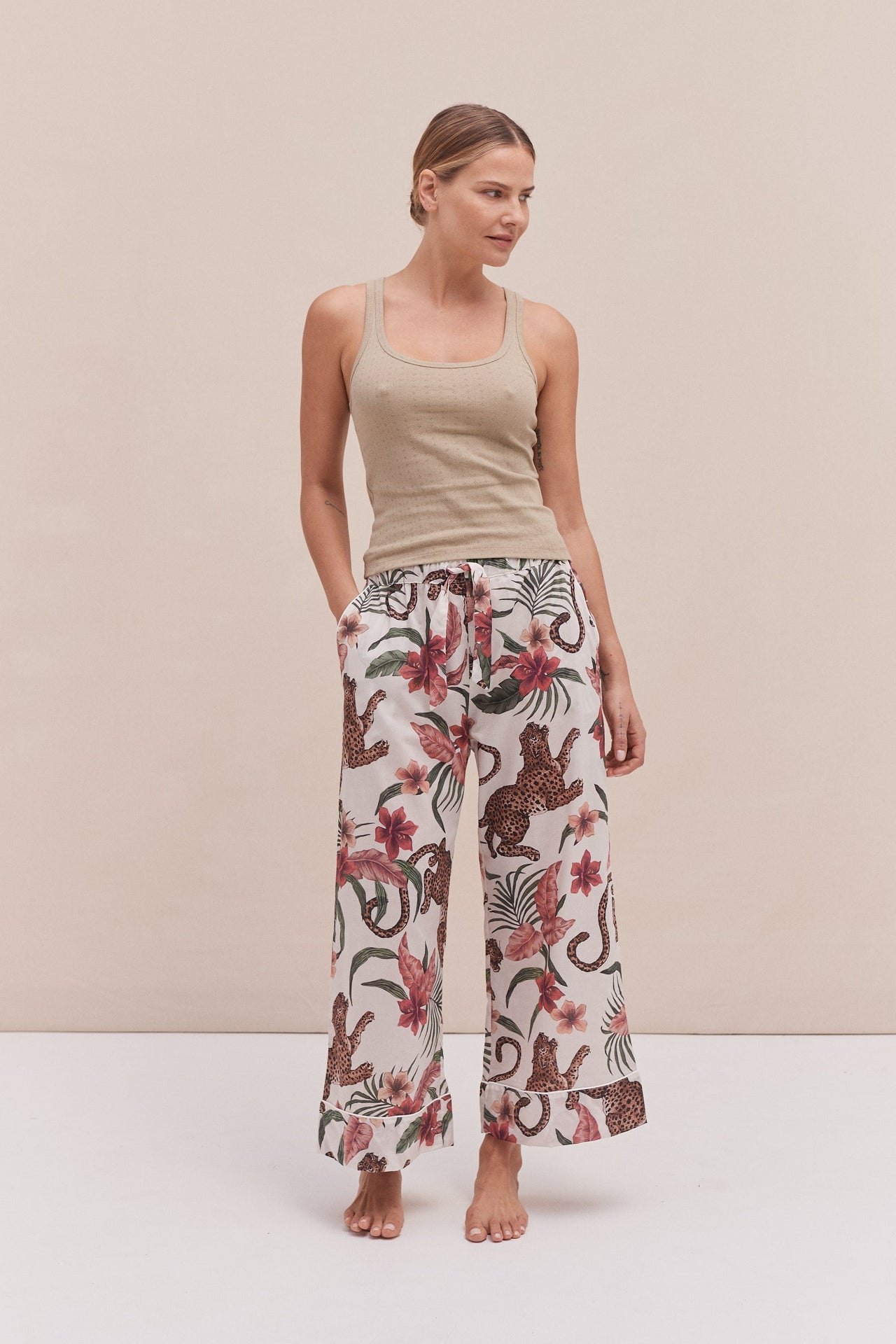 Tank Top & Wide Leg Trouser Set Khaki/Soleia Print Cream