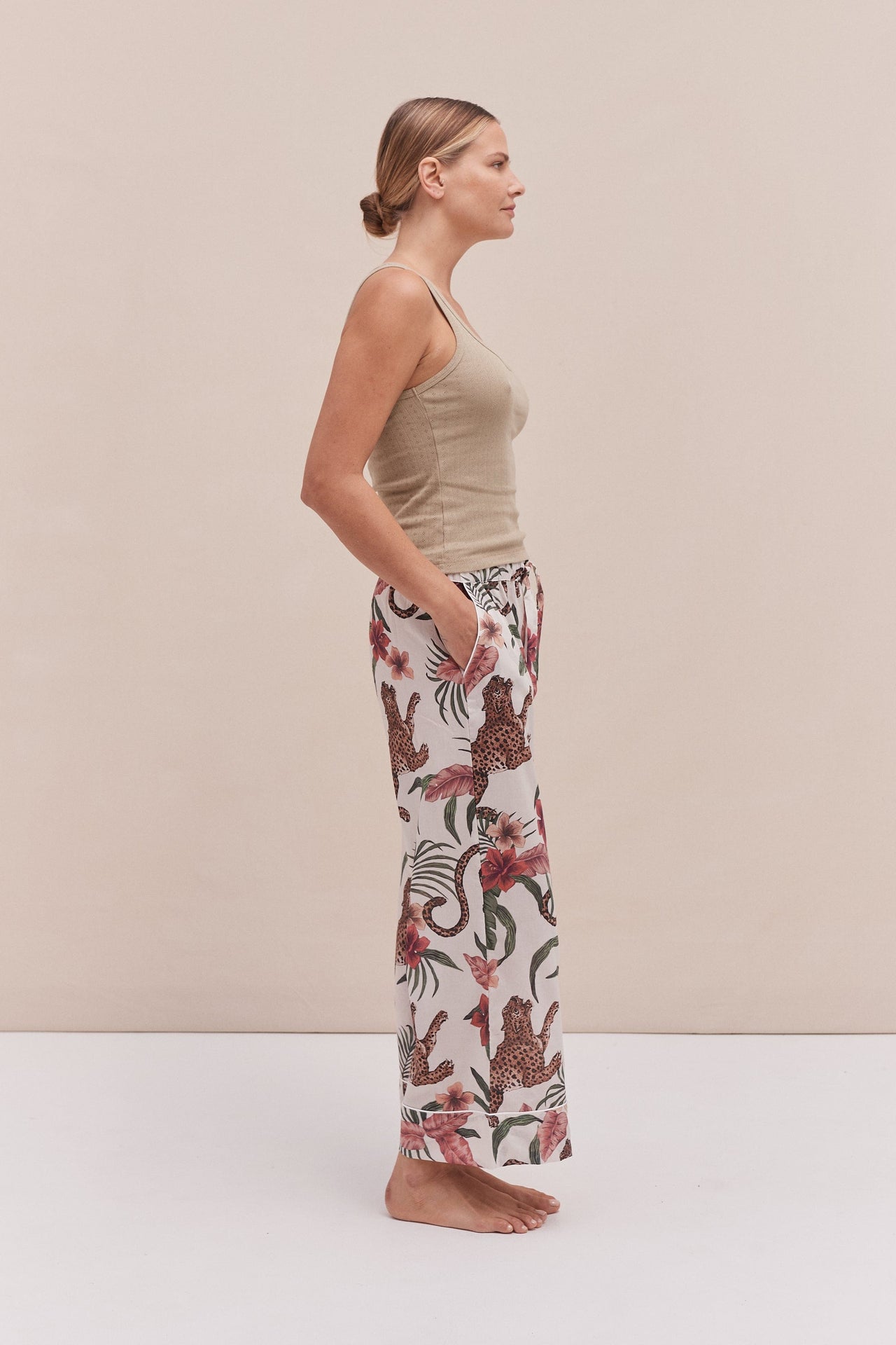 Tank Top & Wide Leg Trouser Set Khaki/Soleia Print Cream