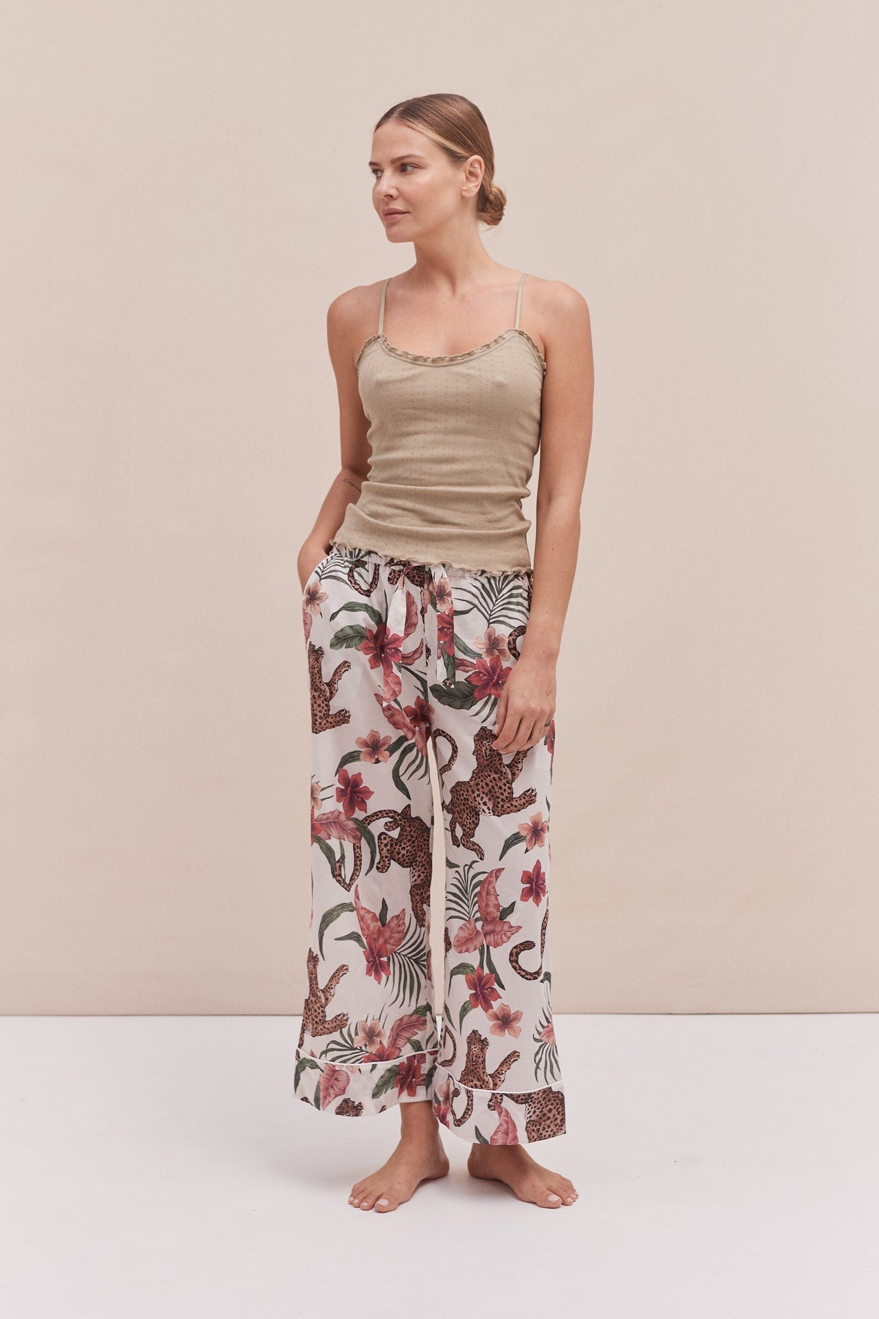 Soft V Tank Top & Wide Leg Trouser Set Khaki/Soleia Print Cream