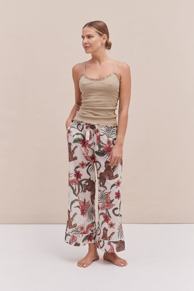 Soft V Tank Top & Wide Leg Trouser Set Khaki/Soleia Print Cream