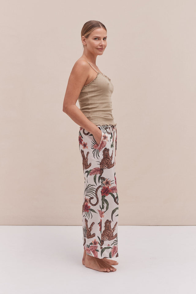 Soft V Tank Top & Wide Leg Trouser Set Khaki/Soleia Print Cream