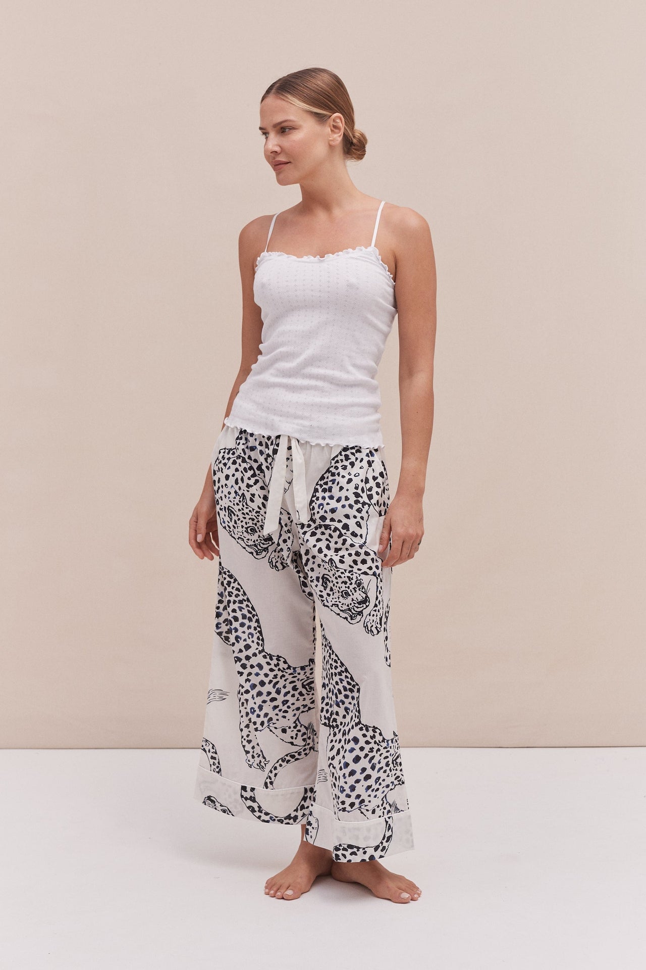 Soft V Tank Top & Wide Leg Trouser Set White/The Jag Print Cream