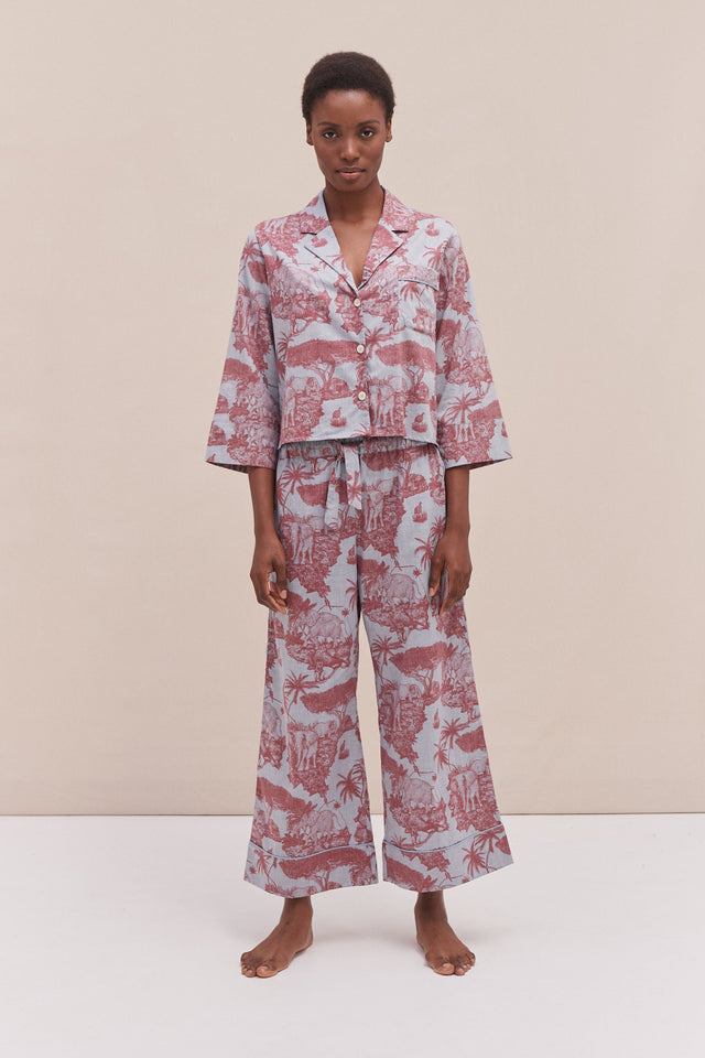 Boxy Shirt and Wide Leg Trouser Set Loxodonta Print Chambray/Red