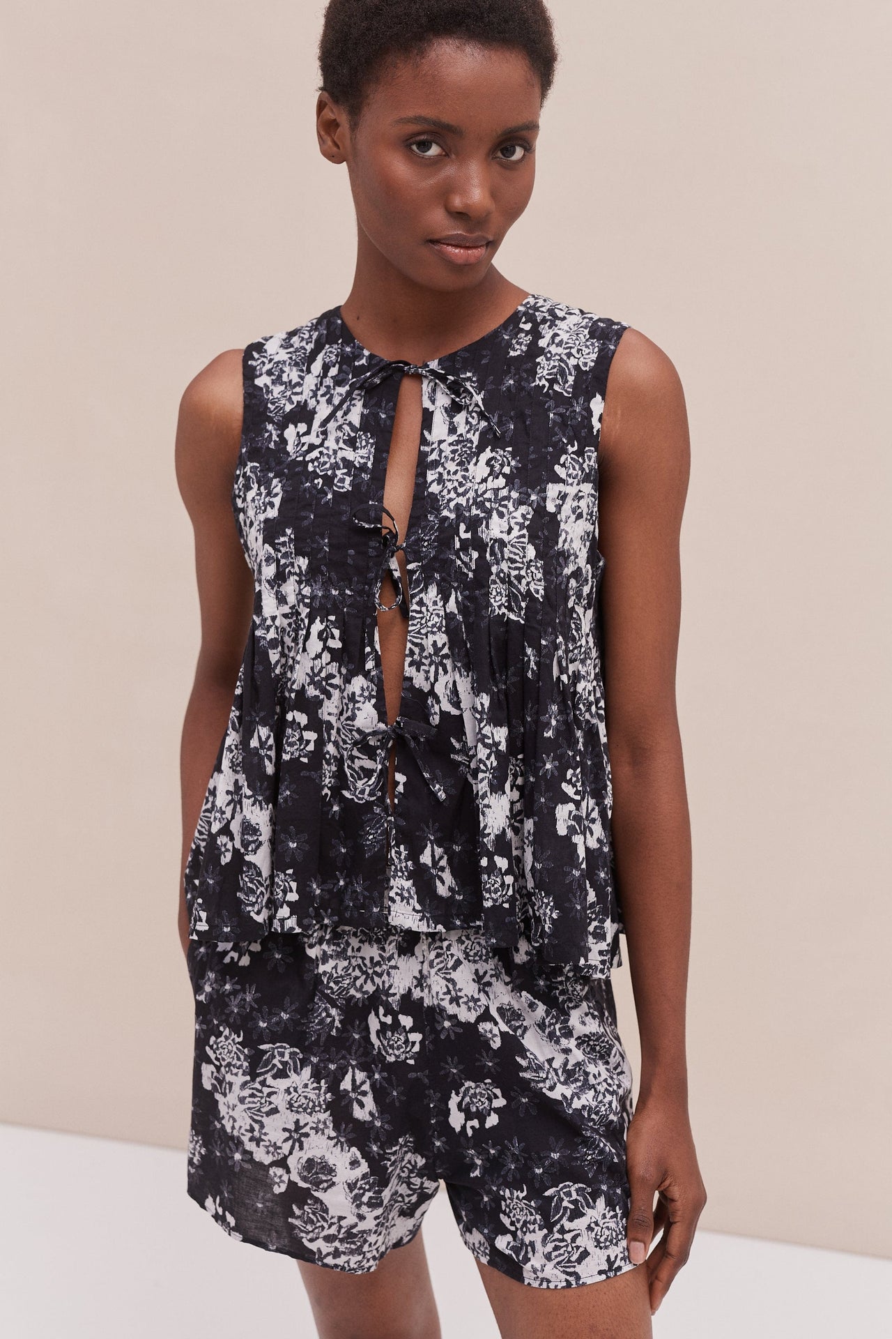 Pleated Cami Top and Shorts Set Flowers Of Time Print Black