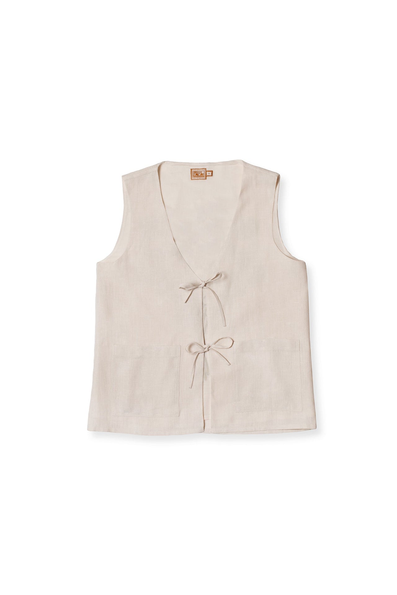 Vest Top Waterlily Print Linen Oat Embroidery