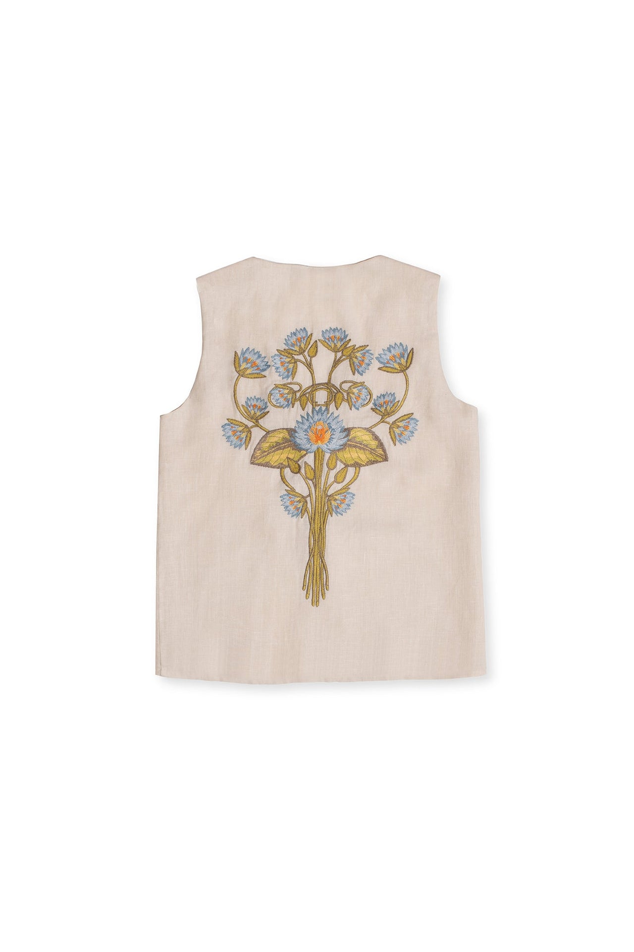 Vest Top Waterlily Print Linen Oat Embroidery