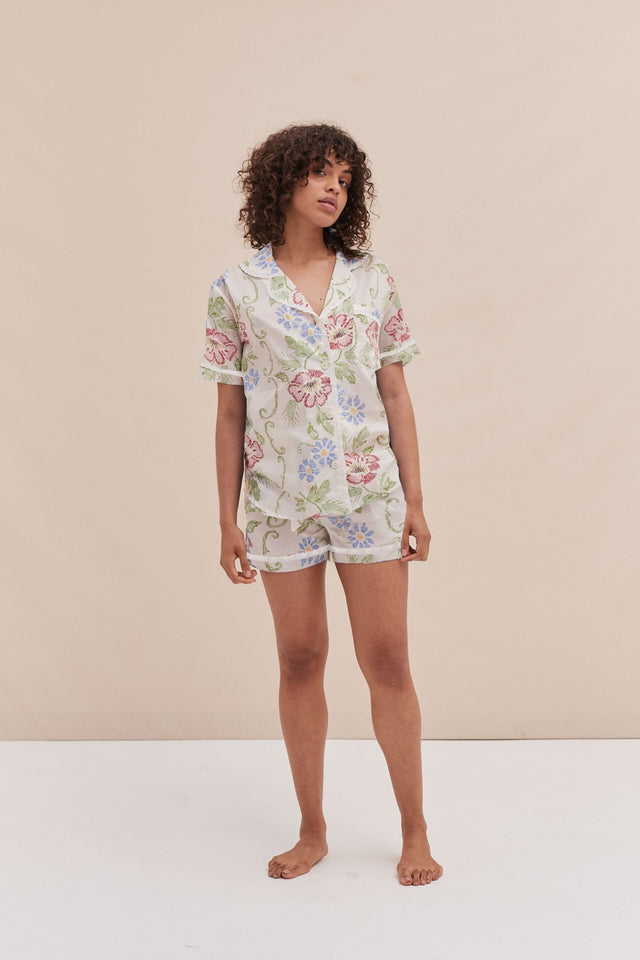 Short Pyjama Set Dorothea Print Cream with Trims