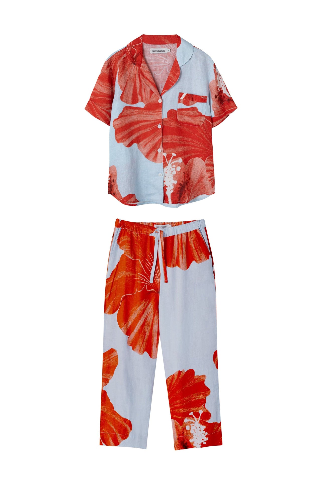 Short Sleeve Shirt & Pocket Trouser Set Grand Hibiscus Print Blue/Red Linen