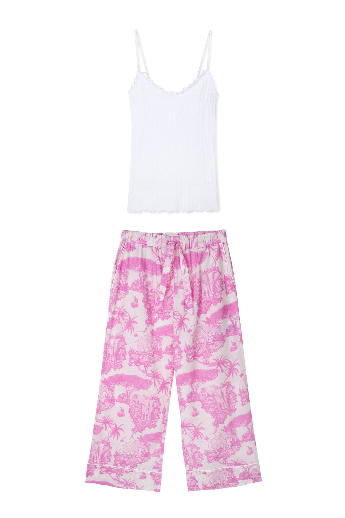 Soft V Tank Top & Wide Leg Trouser Set White/Loxodonta Print Pink