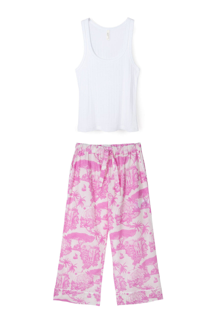 Tank Top &amp; Wide Leg Trouser Set White/Loxodonta Print Pink