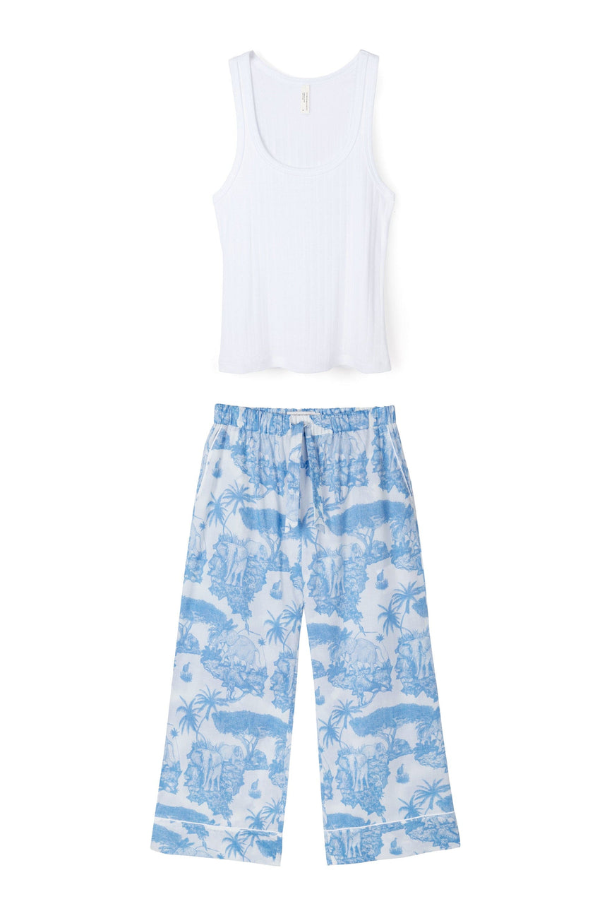 Tank Top &amp; Wide Leg Trouser Set White/Loxodonta Print Blue