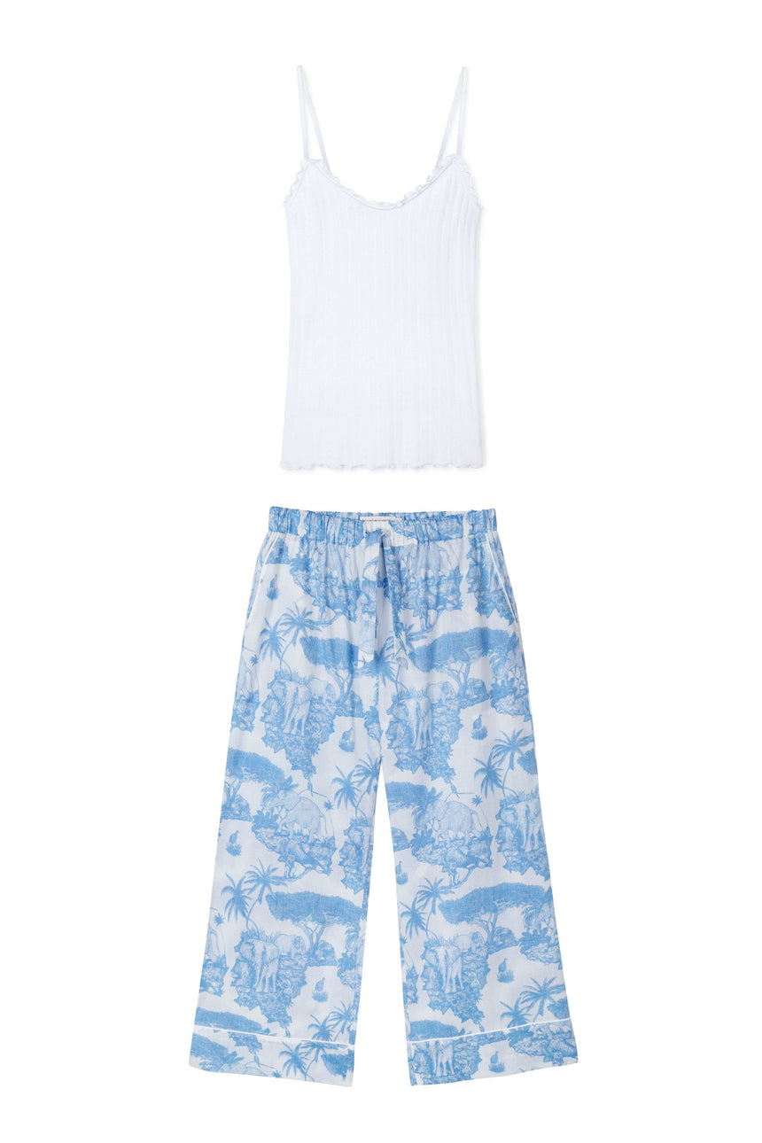 Soft V Tank Top &amp; Wide Leg Trouser Set White/Loxodonta Print Blue