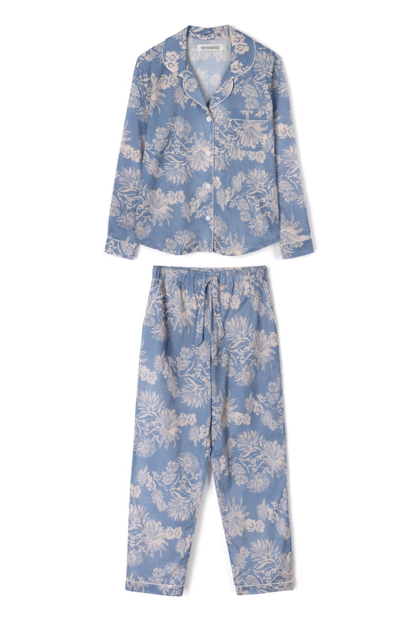 Long Pyjama Set Cactus Flower Print Powder Blue/Tan