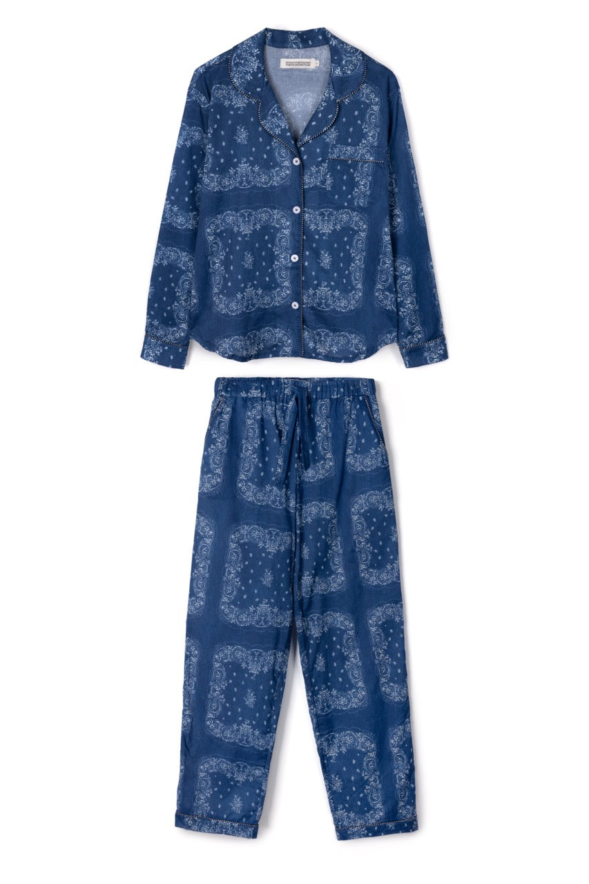 Long Pyjama Set Bandana Print Navy/Cream