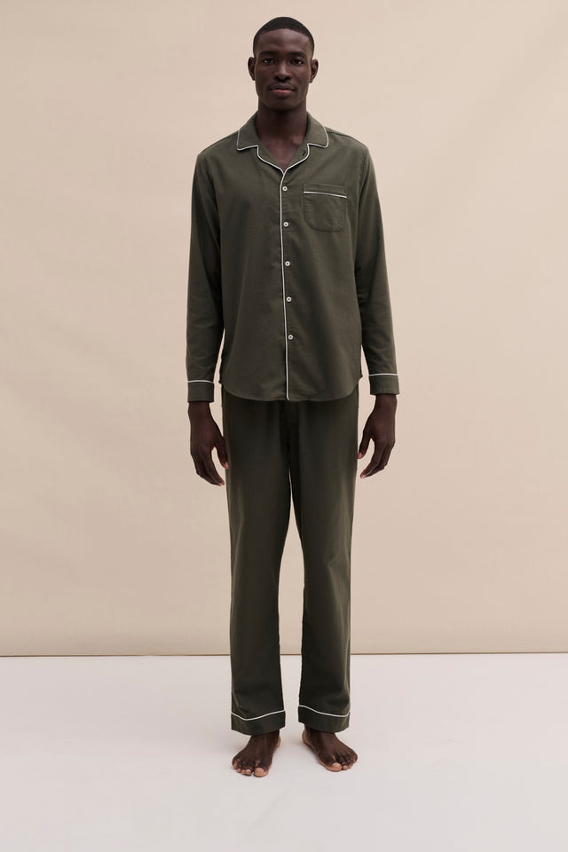 Men's Long Pyjama Set Khaki Brushed Cotton