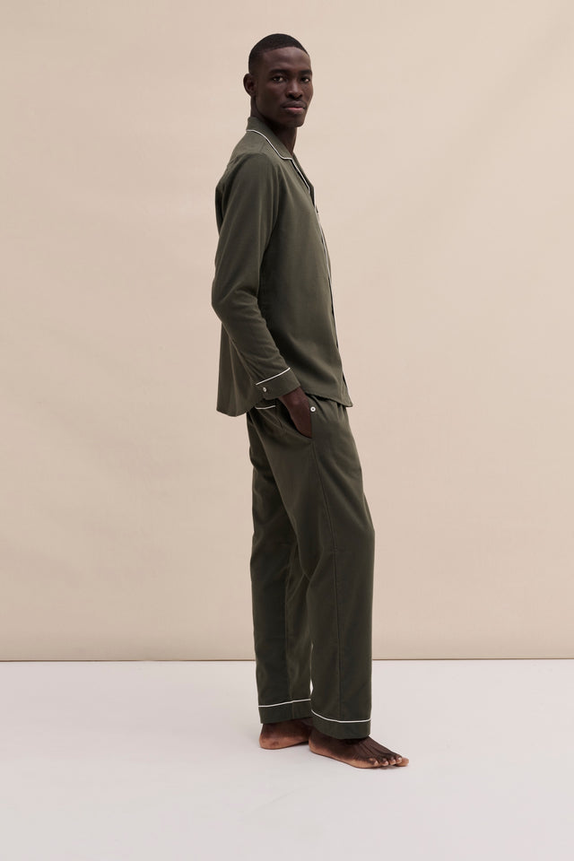 Men's Long Pyjama Set Khaki Brushed Cotton