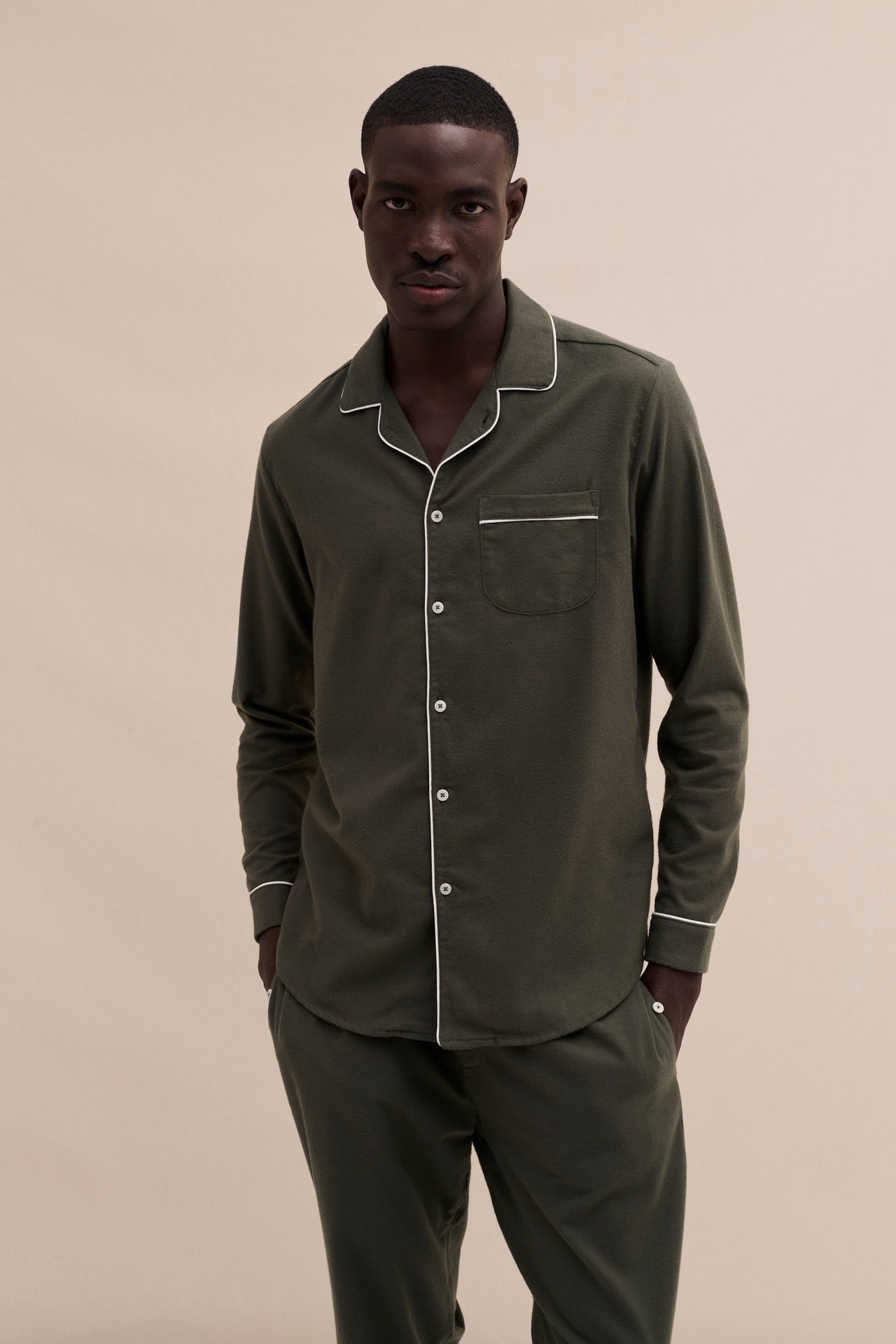 Men's Long Pyjama Set Khaki Brushed Cotton