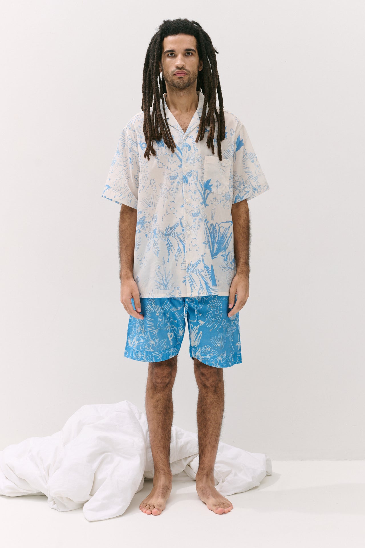 Men’s Cuban Pyjama Set Temple Del Sol Cream/Blue
